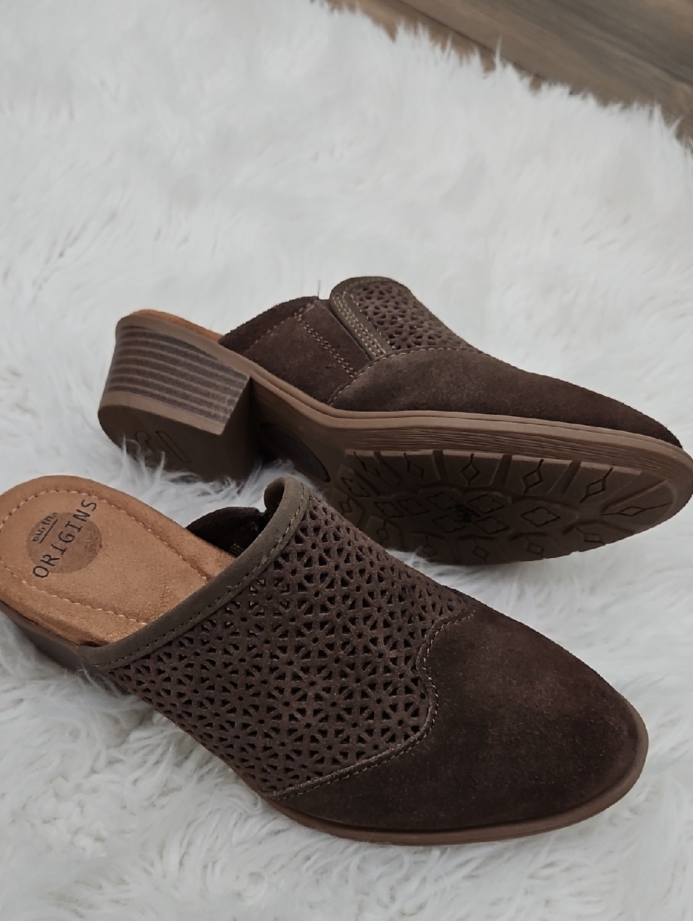 Earth Origins Women’s Brown Suede Perforated Slip-On Celina Mules